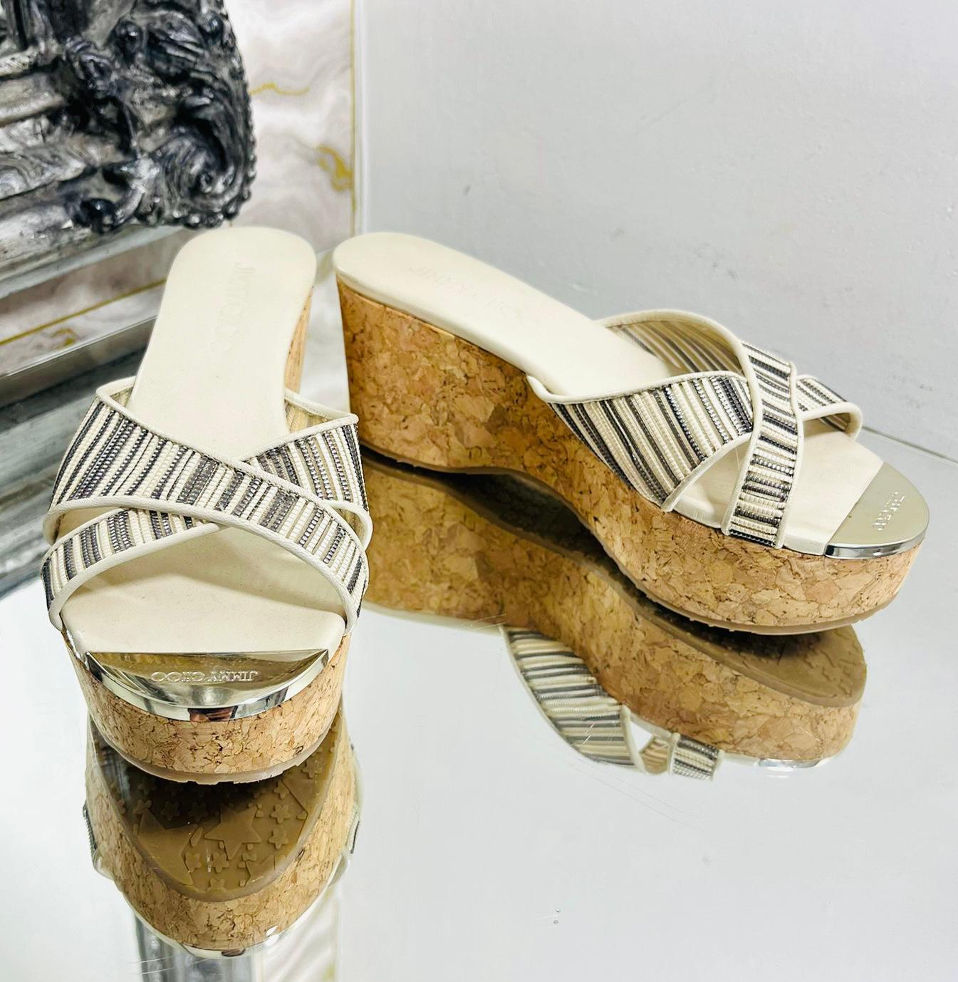 Brown Jimmy Choo Mesh, Leather & Cork Wedge Sandals For Sale