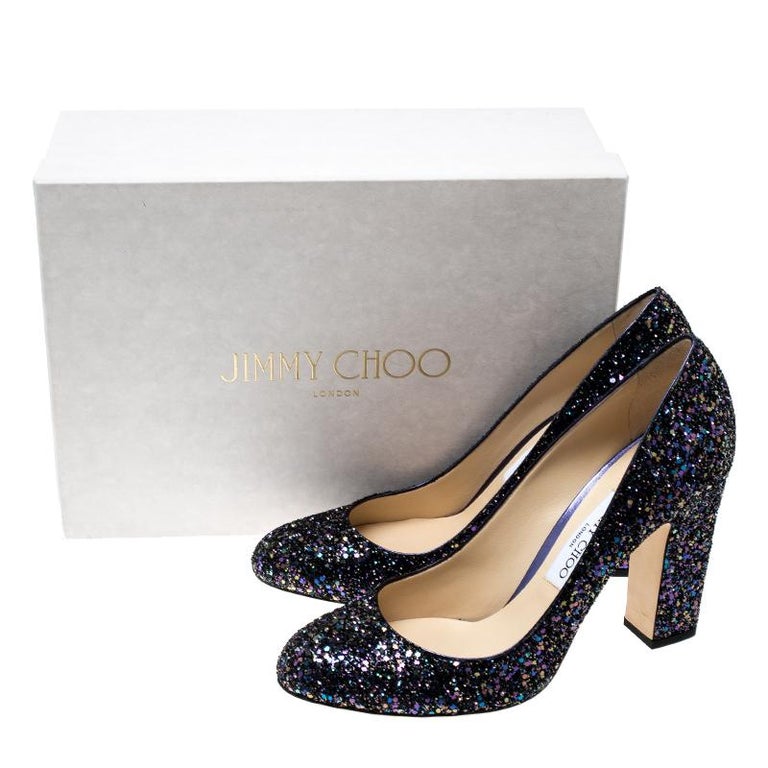 Jimmy Choo Metallic Blue Coarse Glitter Billie Block Heel Pumps Size 41 For Sale at 1stDibs