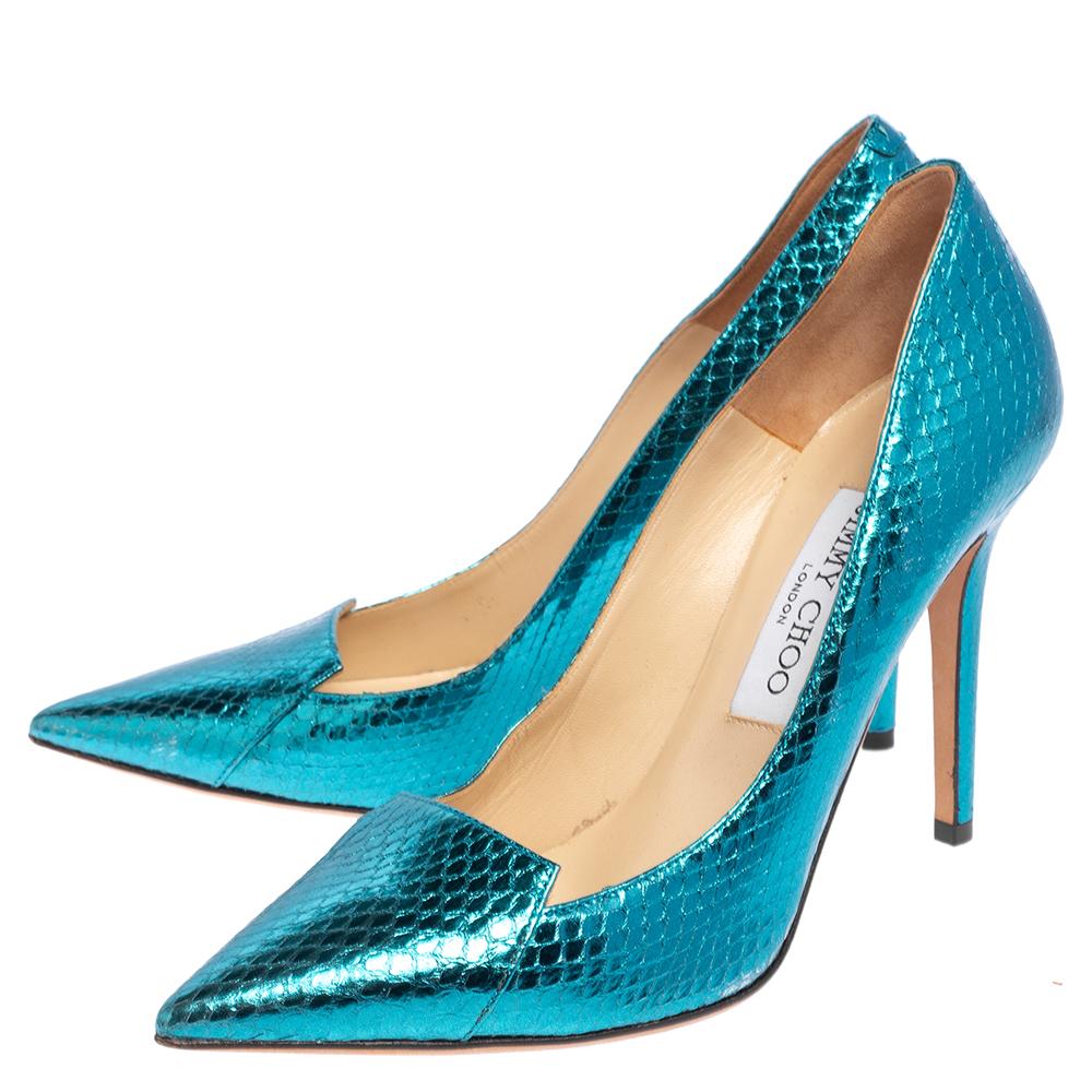 Jimmy Choo Metallic Blue Snakeskin Avril Pointed Toe Pumps Size 37 In Good Condition In Dubai, Al Qouz 2