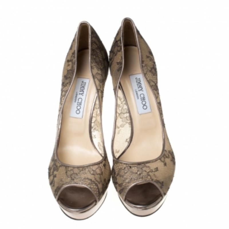 Donna Jimmy Choo Metallic Bronze Lace Dahlia Peep Toe Pumps Taglia 40 in vendita
