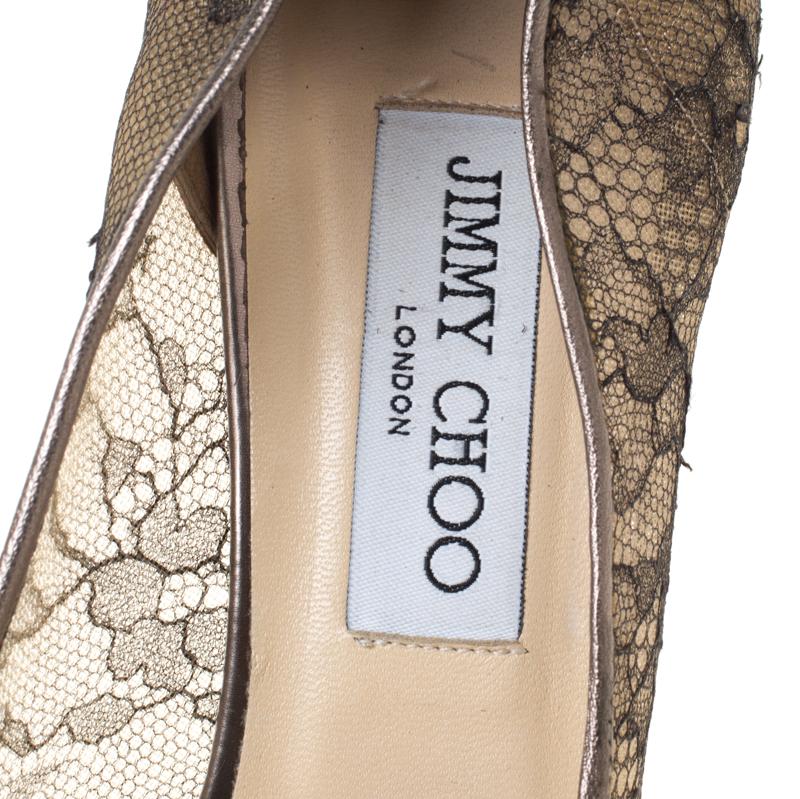 Brown Jimmy Choo Metallic Bronze Lace Dahlia Peep Toe Pumps Size 40 For Sale