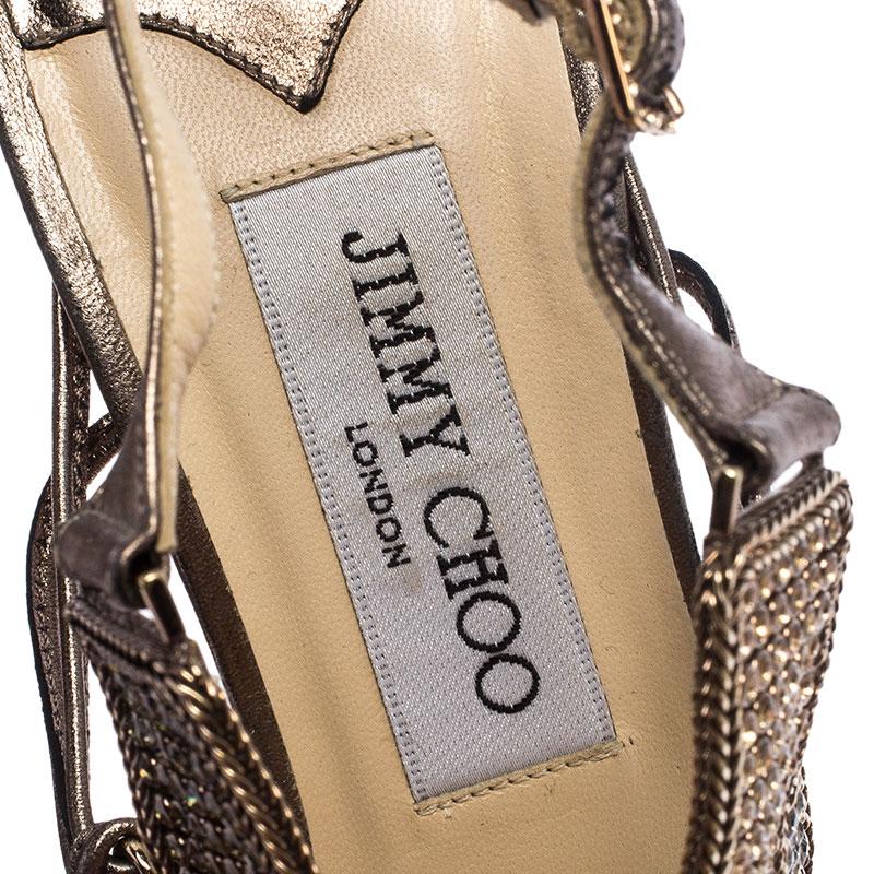 Brown Jimmy Choo Metallic Bronze Leather Crystal Ankle Strap Sandals Size 36.5 For Sale