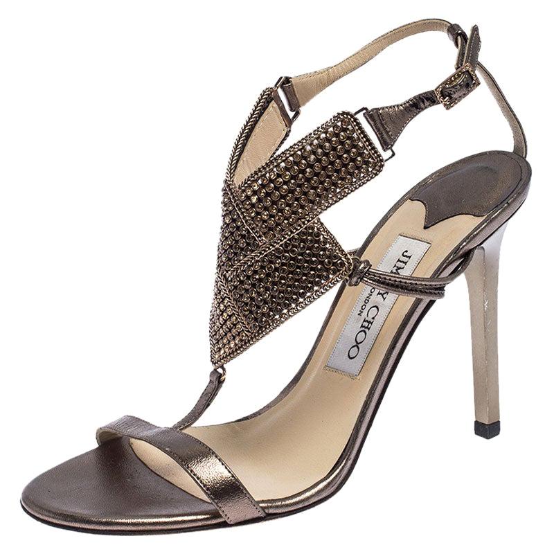Jimmy Choo Metallic Bronze Leather Crystal Ankle Strap Sandals Size 36.5 For Sale