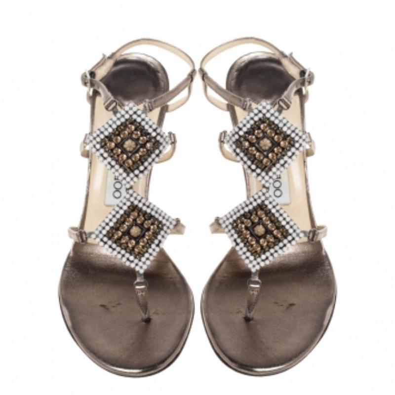 Beige Jimmy Choo Metallic Bronze Leather Meira Crystal Embellished Sandals Size 37 For Sale