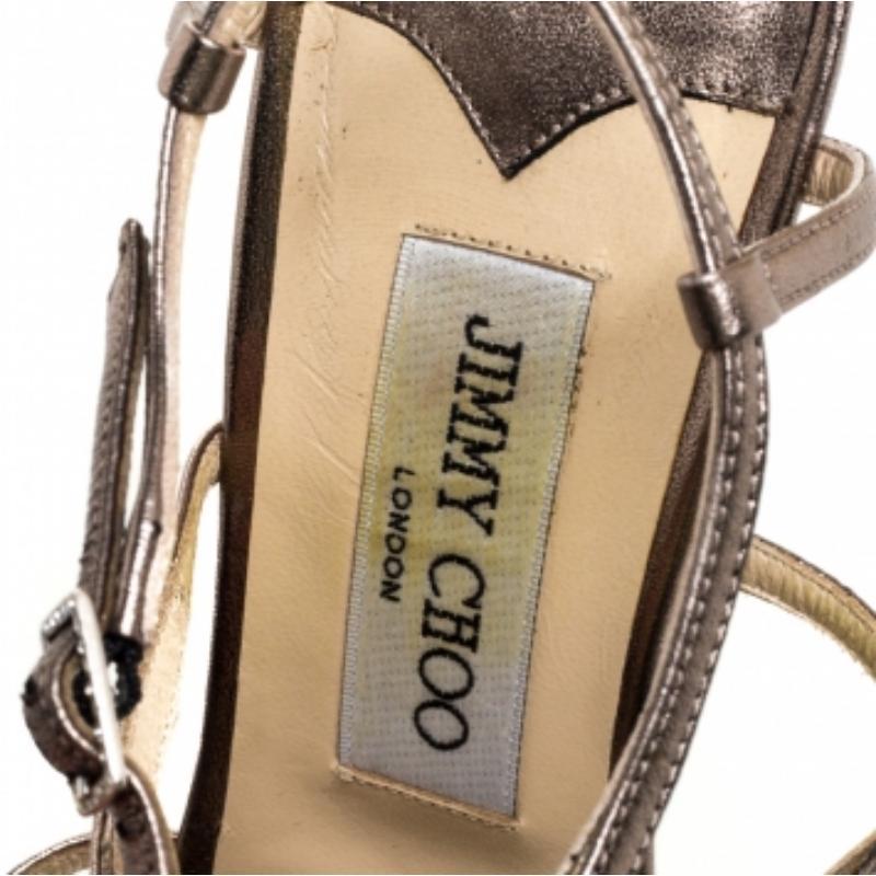 Jimmy Choo Metallic Bronze Leather Meira Crystal Embellished Sandals Size 37 In Good Condition For Sale In Dubai, Al Qouz 2