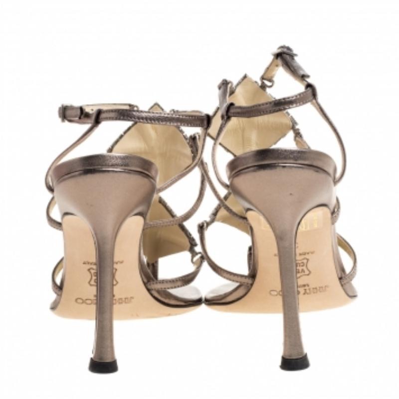 Jimmy Choo Metallic Bronze Leather Meira Crystal Embellished Sandals Size 37 For Sale 1