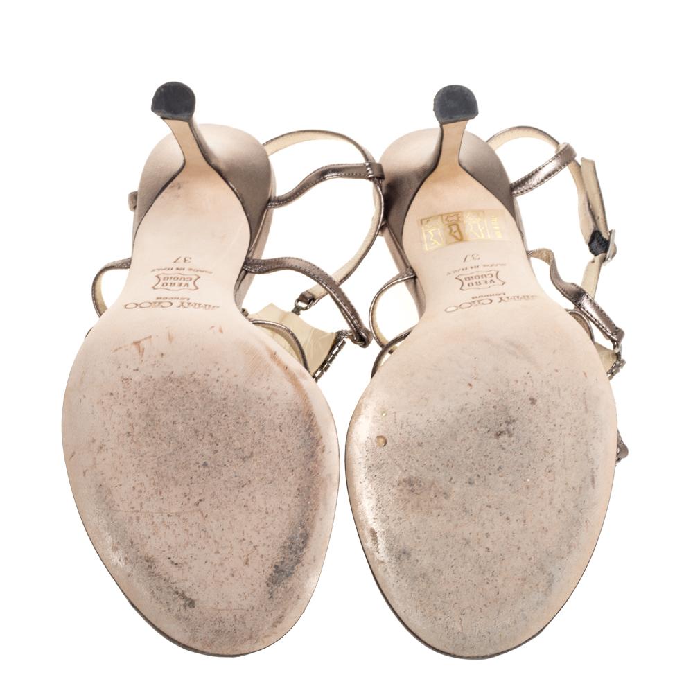 Beige Jimmy Choo Metallic Bronze Leather Meira Crystal Embellished Sandals Size 37
