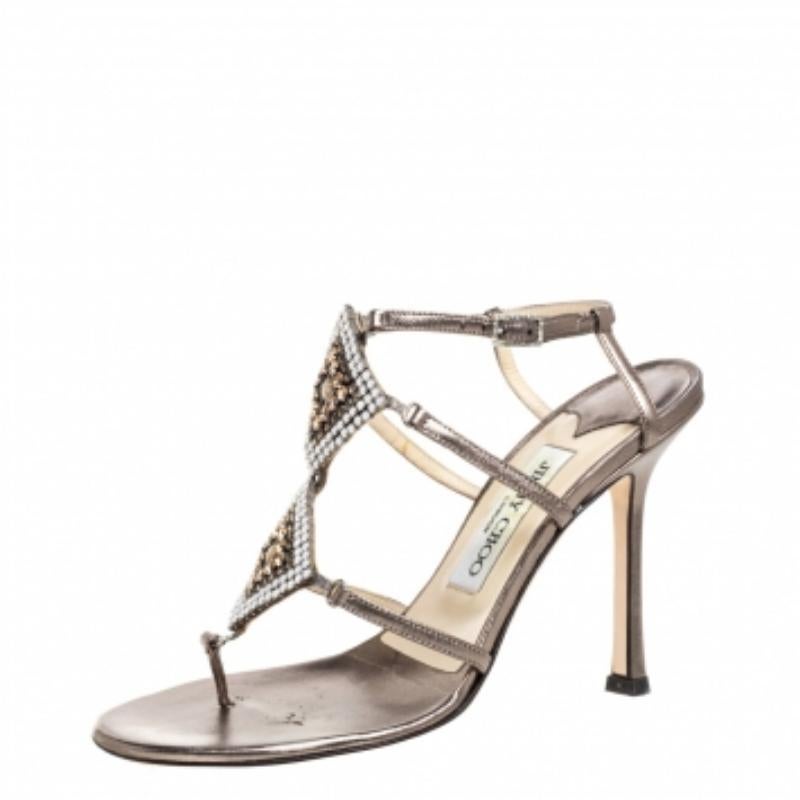 Jimmy Choo Metallic Bronze Leather Meira Crystal Embellished Sandals Size 37 For Sale 2