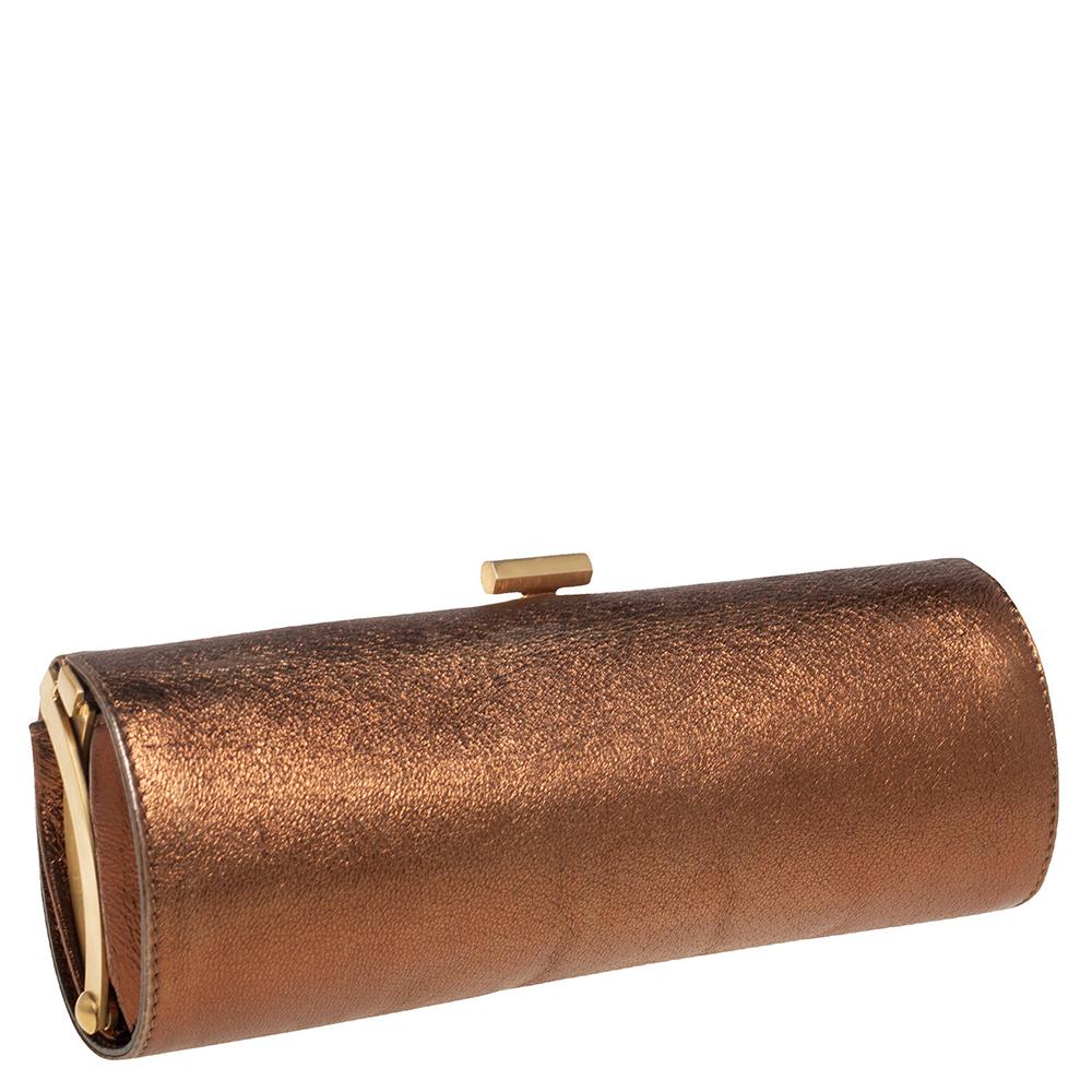 Jimmy Choo Metallic Bronze Leather Twill Tube Clutch In Good Condition In Dubai, Al Qouz 2