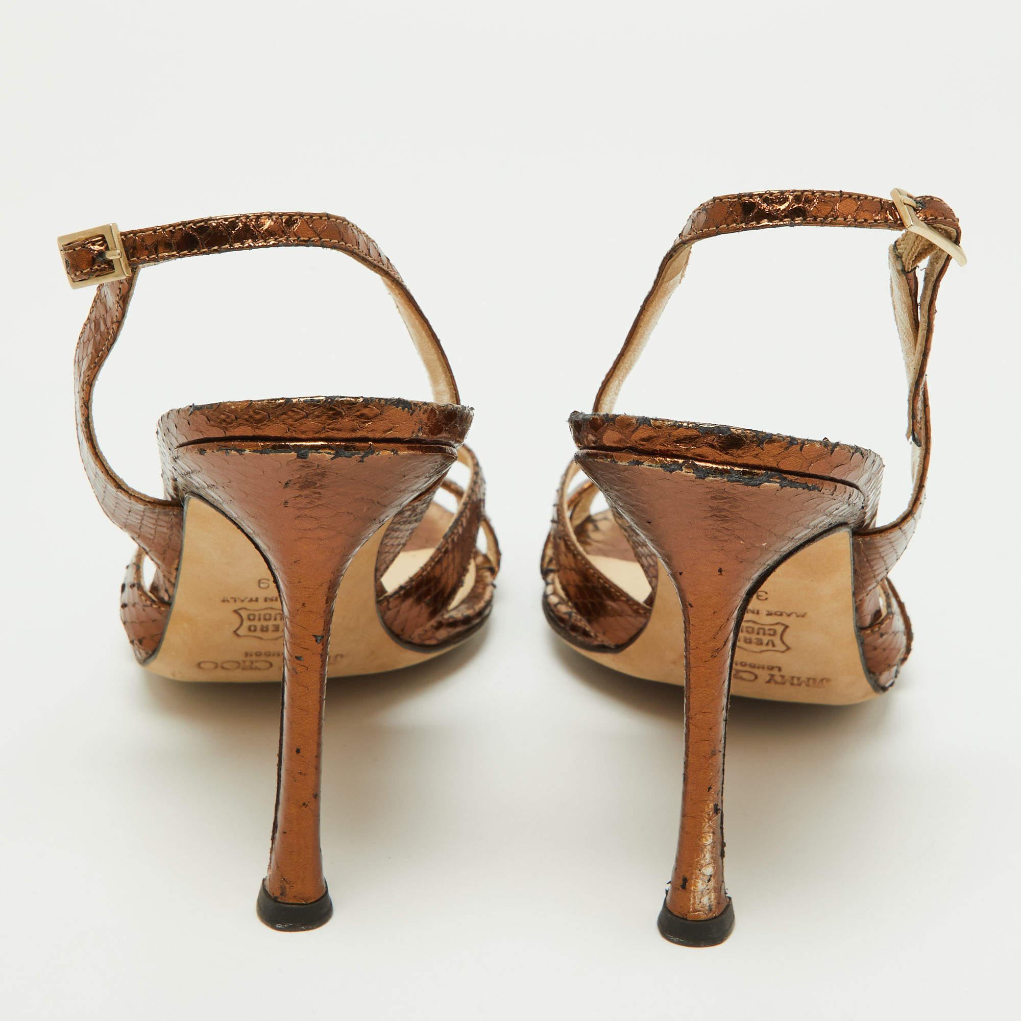 Brown Jimmy Choo Metallic Bronze Python Embossed Leather Hepsie Slingback Sandals Size For Sale