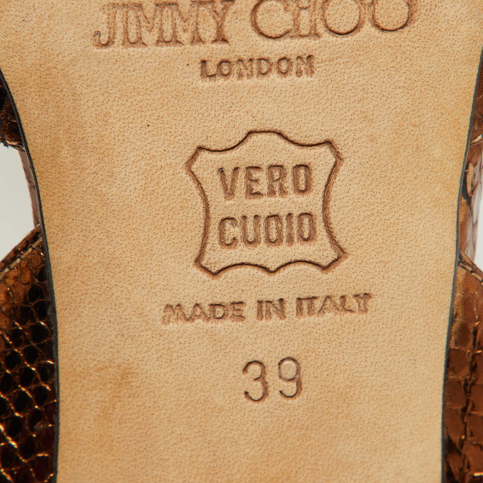 Jimmy Choo Metallic Bronze Python Embossed Leather Hepsie Slingback Sandals Size For Sale 2