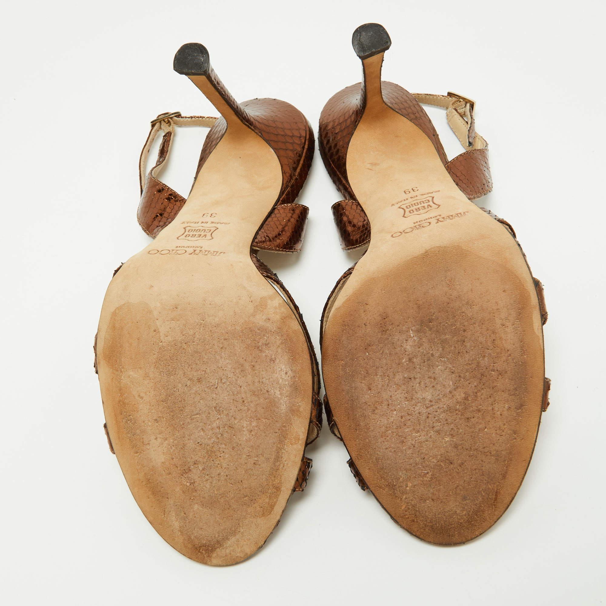 Jimmy Choo Metallic Bronze Python Embossed Leather Hepsie Slingback Sandals Size For Sale 3