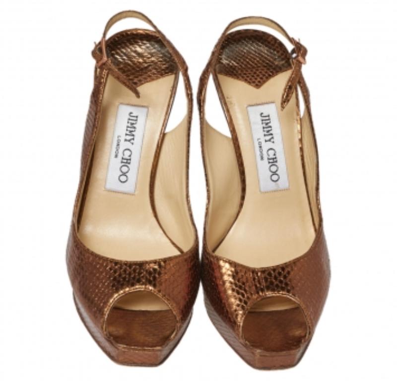Brown Jimmy Choo Metallic Bronze Snake Embossed Leather Elazer Sandals Size 37 For Sale