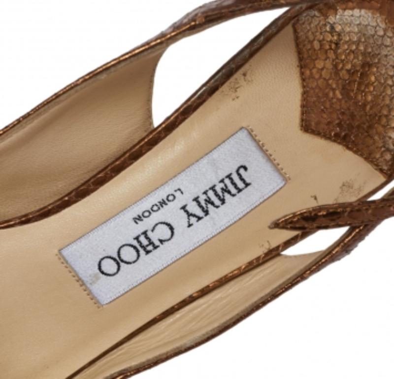 Women's Jimmy Choo Metallic Bronze Snake Embossed Leather Elazer Sandals Size 37 For Sale
