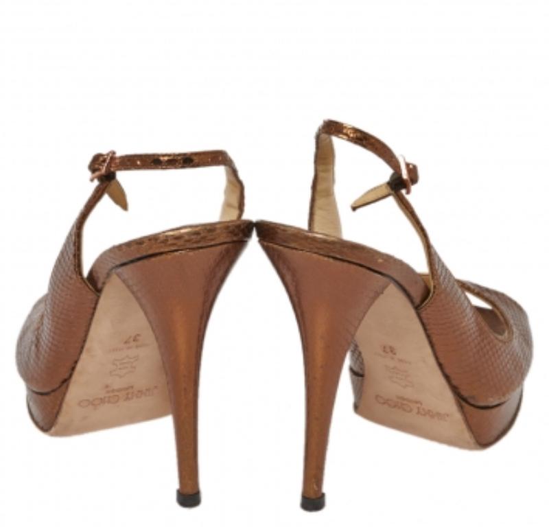 Jimmy Choo Metallic Bronze Snake Embossed Leather Elazer Sandals Size 37 For Sale 1