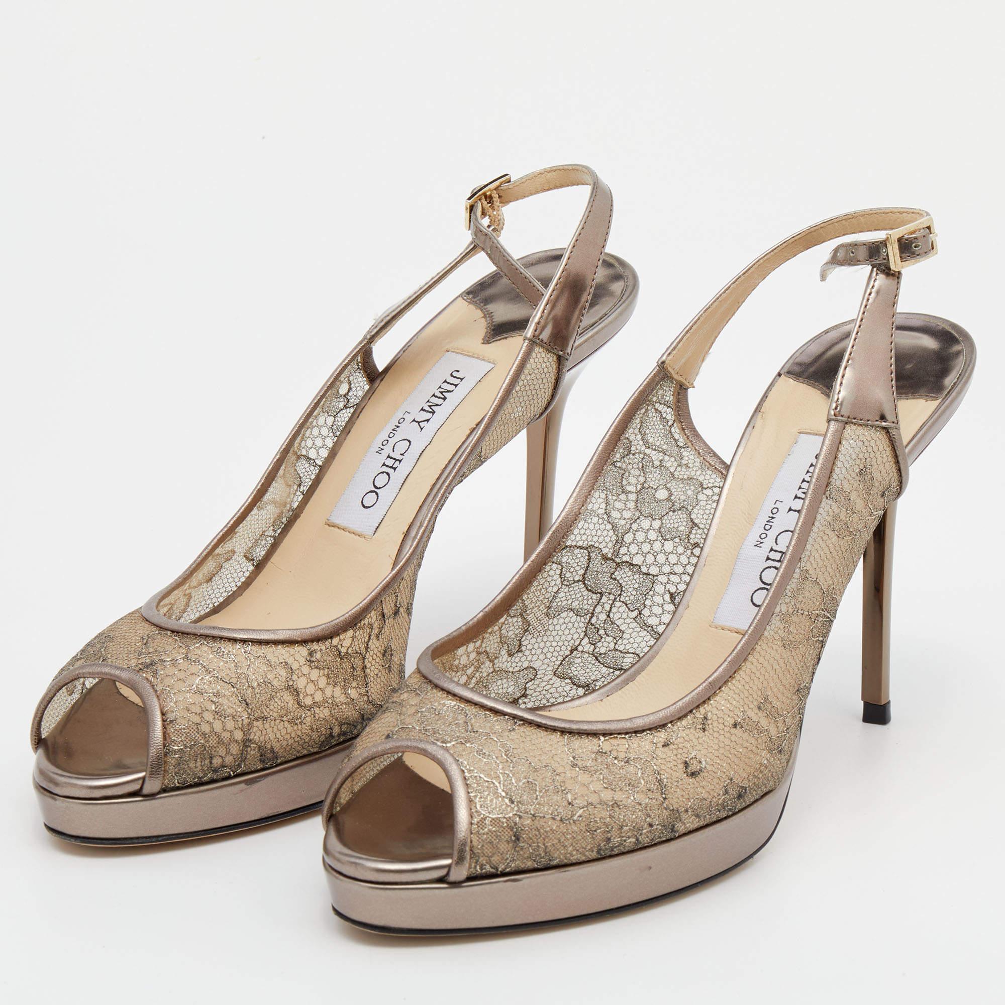 It is easy to fall in love with these pumps by Jimmy Choo! They've been beautifully covered in lace and designed with peep toes, platforms, and slim 10.5 cm heels. The feminine, dainty pumps are sure to complement all your dresses and evening