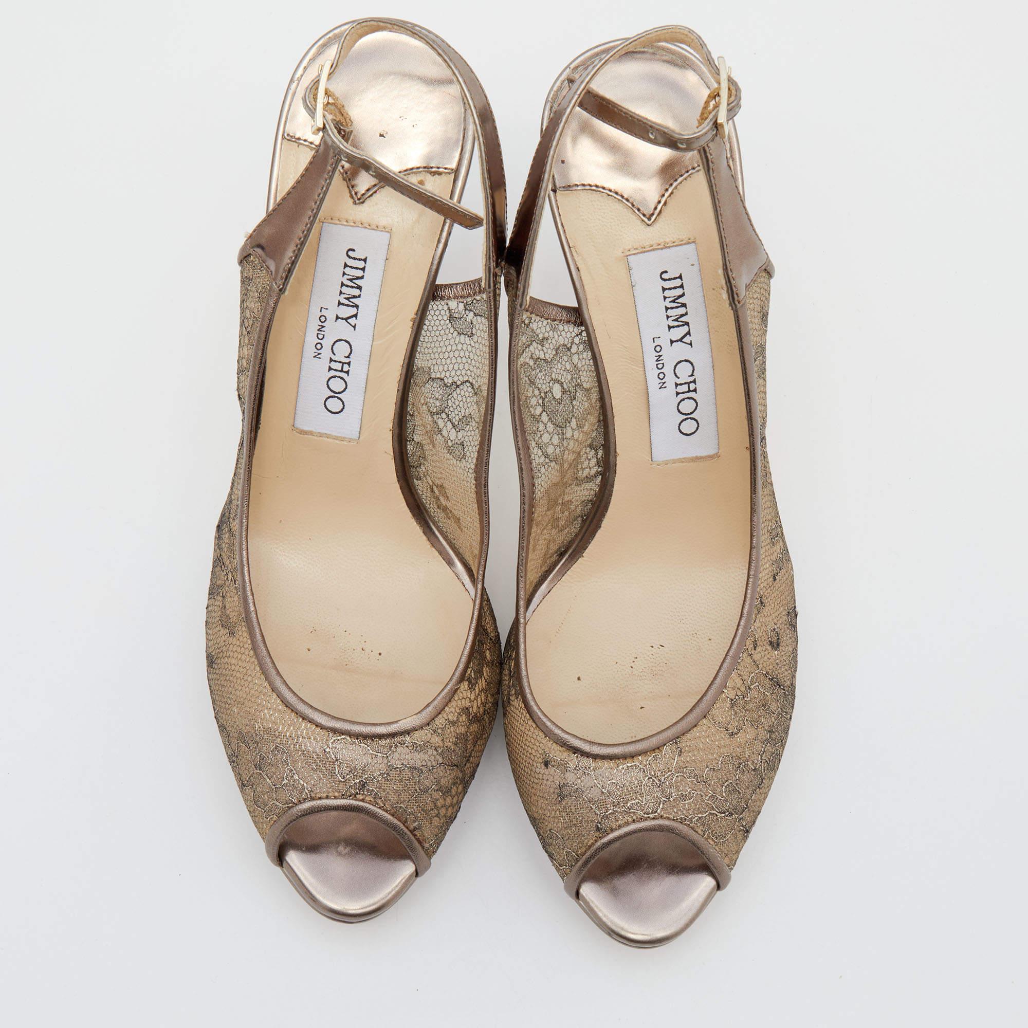 Jimmy Choo Metallic Brown Lace Dahlia Peep Toe Pumps Size 37 In Excellent Condition In Dubai, Al Qouz 2