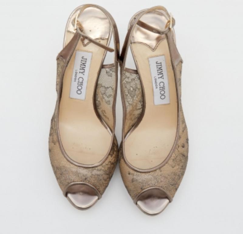 Marron Jimmy Choo Metallic Brown Lace Dahlia Peep Toe Pumps Size 37 en vente