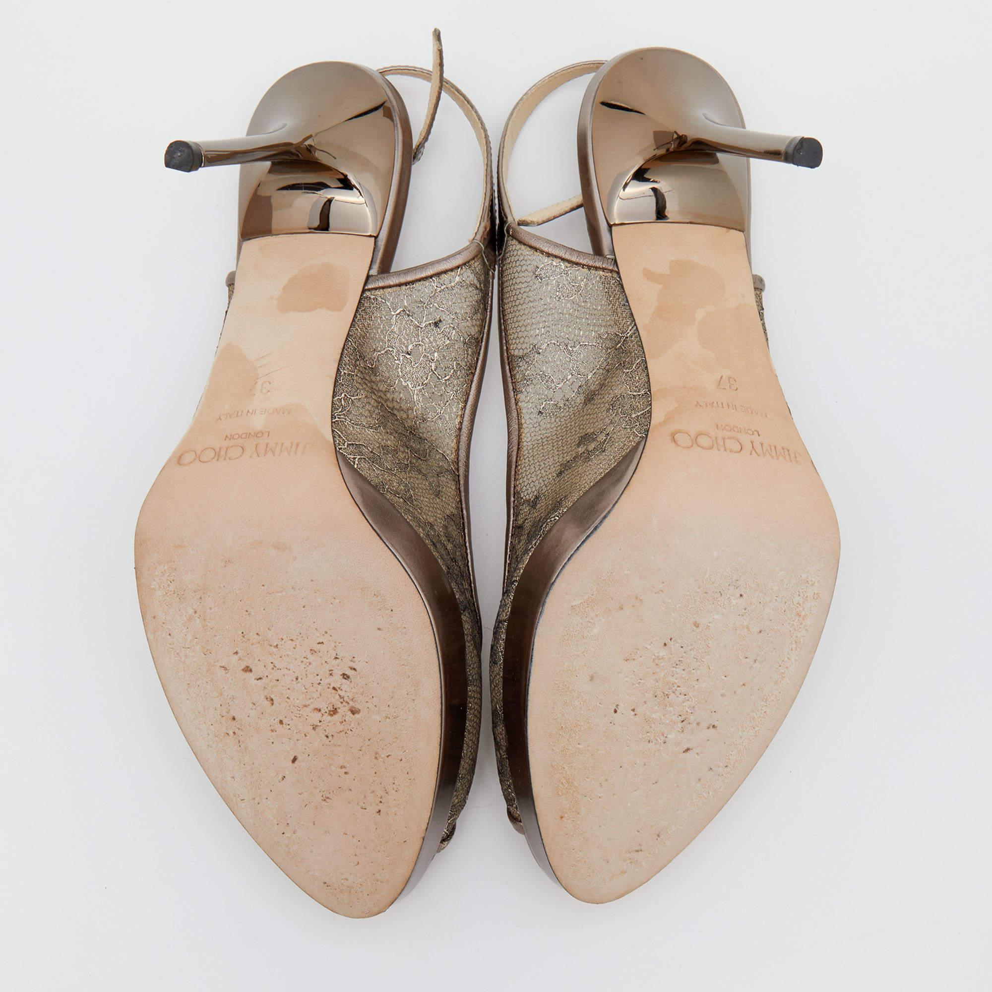 Jimmy Choo Metallic Brown Lace Dahlia Peep Toe Pumps Size 37 2