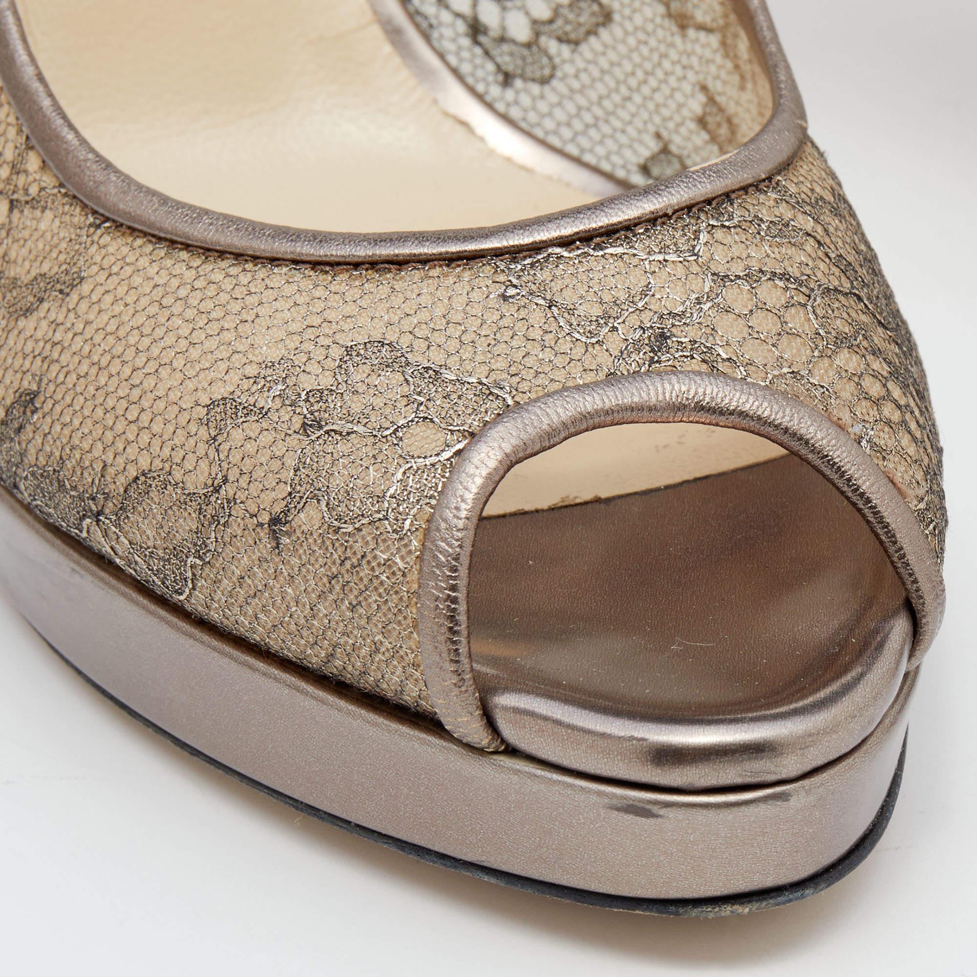 Jimmy Choo Metallic Brown Lace Dahlia Peep Toe Pumps Size 37 3