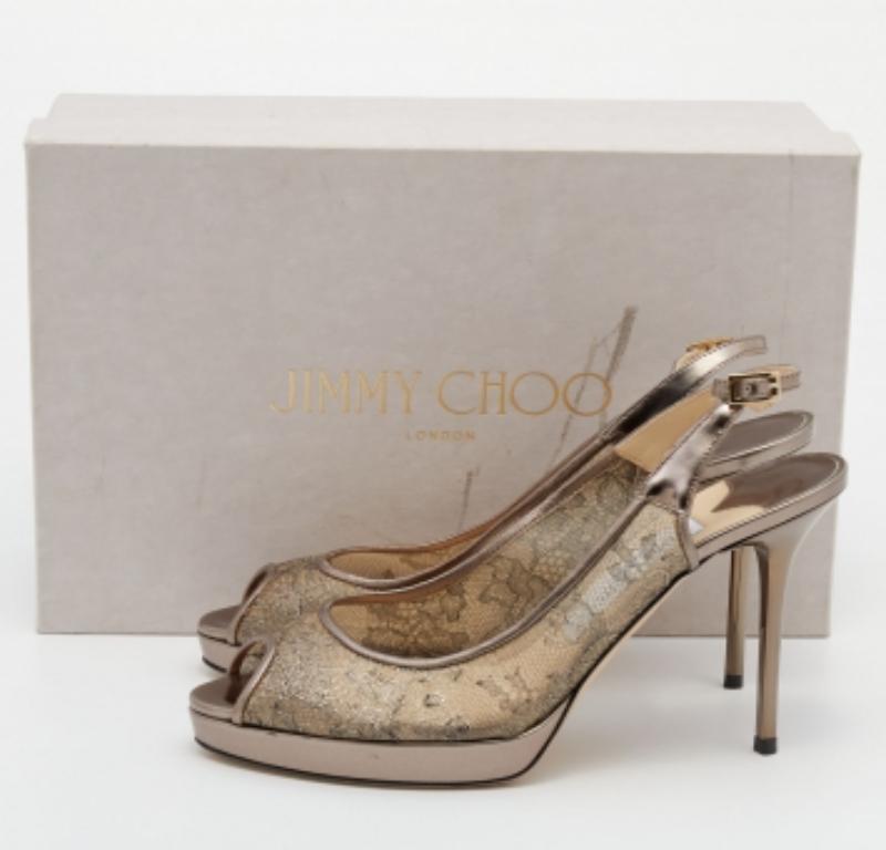 Jimmy Choo Metallic Brown Lace Dahlia Peep Toe Pumps Size 37 en vente 3