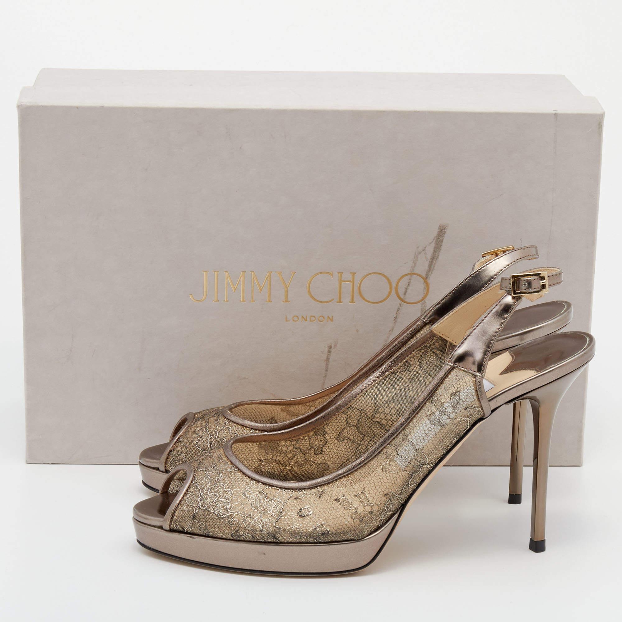 Jimmy Choo Metallic Brown Lace Dahlia Peep Toe Pumps Size 37 5