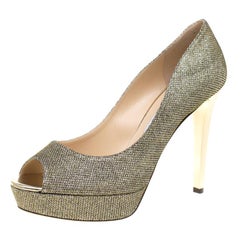 Jimmy Choo Metallic Champagne Glitter Dahlia Peep Toe Platform Pumps Size 42