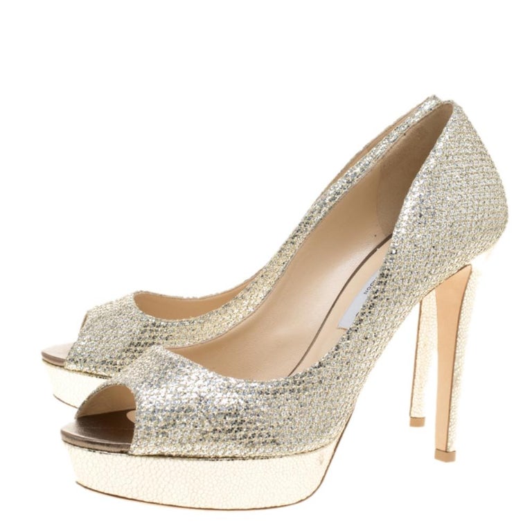 Jimmy Choo Champagne Crown In Glitter Platform Slingbacks