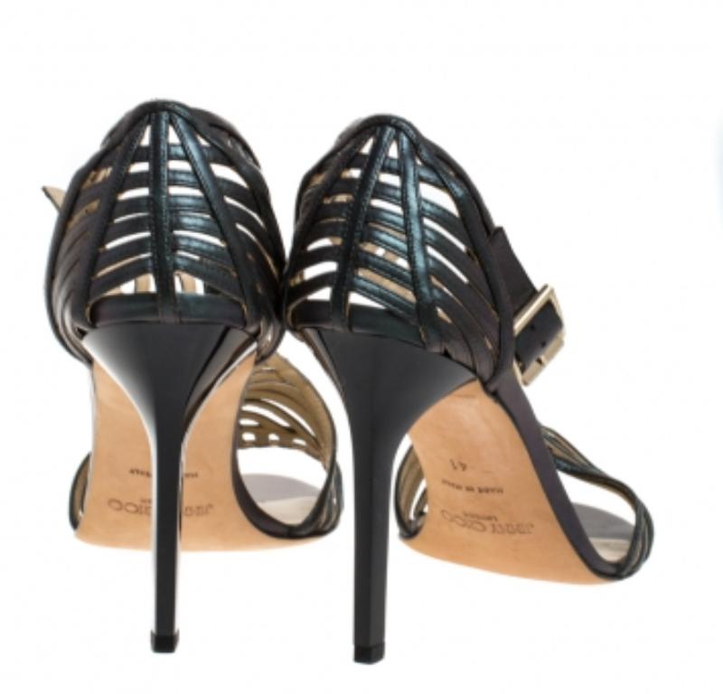 Jimmy Choo Metallic Dark Green Leather Cutout Open Toe Sandals Size 41 Excellent état - En vente à Dubai, Al Qouz 2