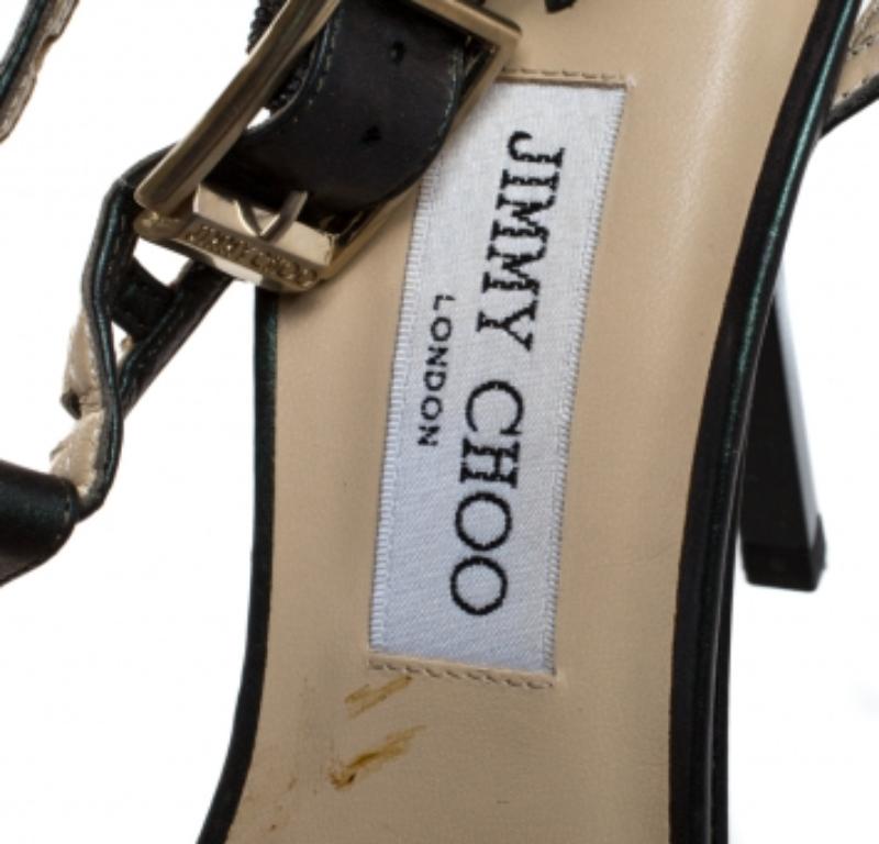 Jimmy Choo Metallic Dark Green Leather Cutout Open Toe Sandals Size 41 Pour femmes en vente