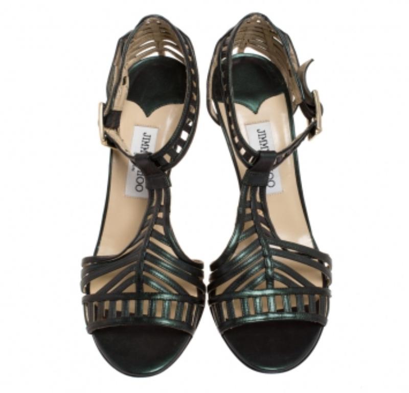 Jimmy Choo Metallic Dark Green Leather Cutout Open Toe Sandals Size 41 en vente 1
