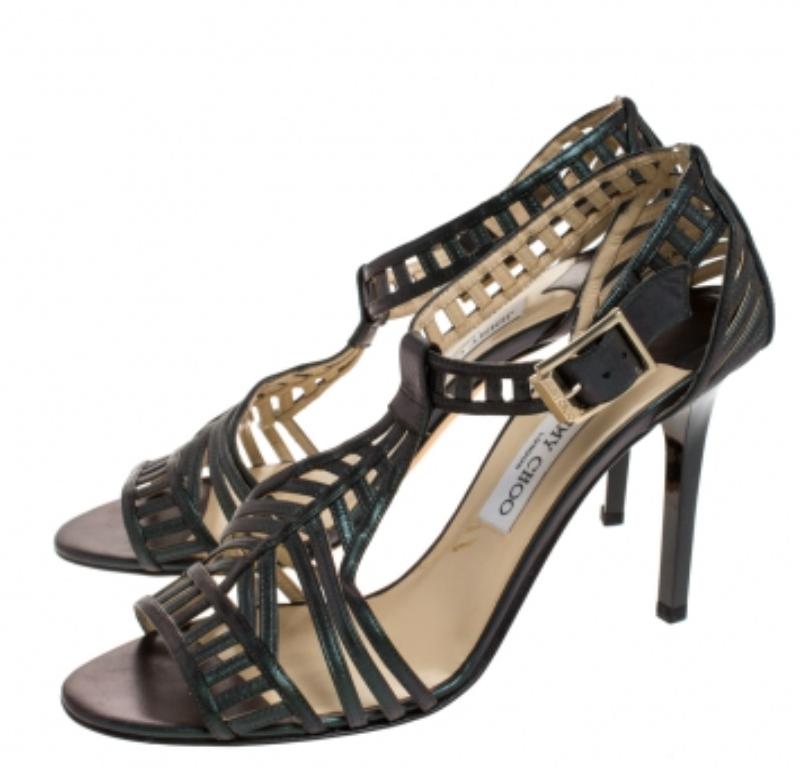Jimmy Choo Metallic Dark Green Leather Cutout Open Toe Sandals Size 41 en vente 2