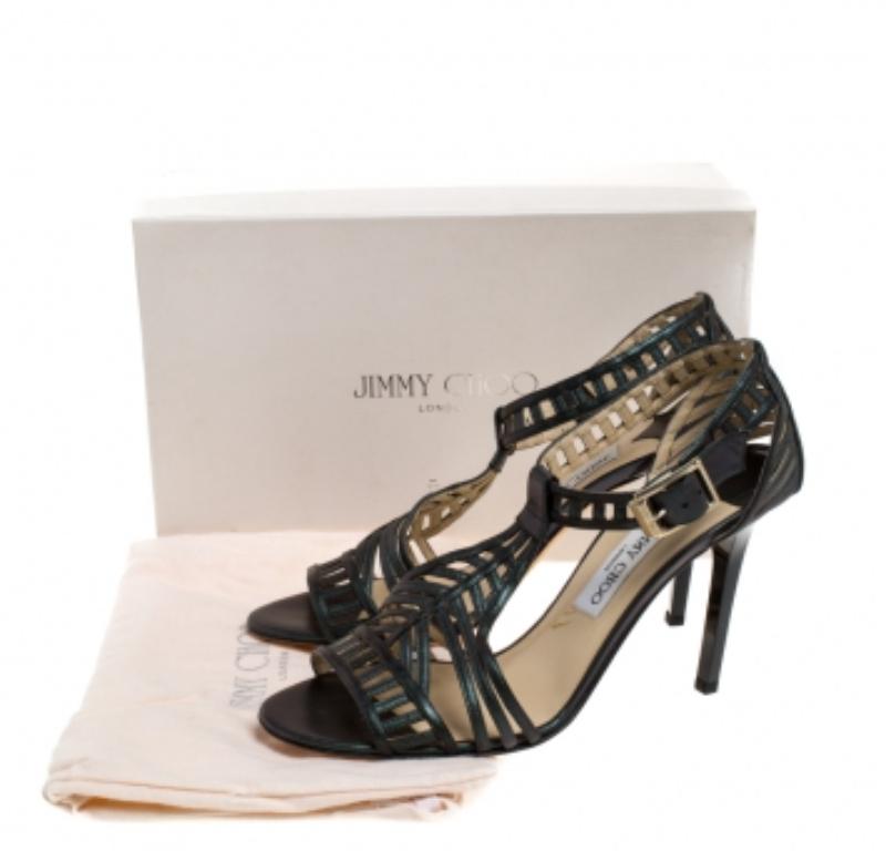 Jimmy Choo Metallic Dark Green Leather Cutout Open Toe Sandals Size 41 en vente 3