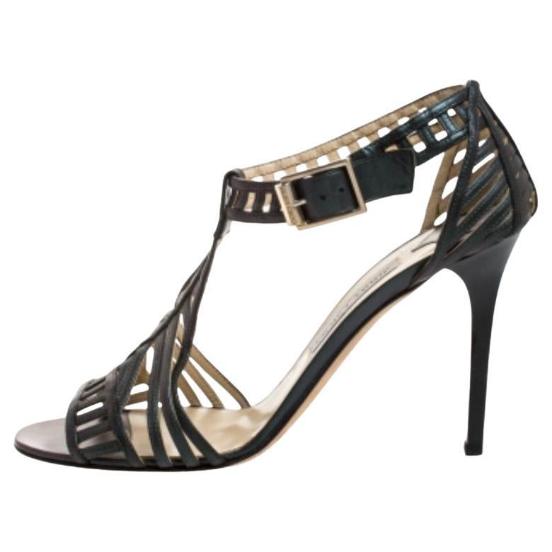 Jimmy Choo Metallic Dark Green Leather Cutout Open Toe Sandals Size 41 en vente