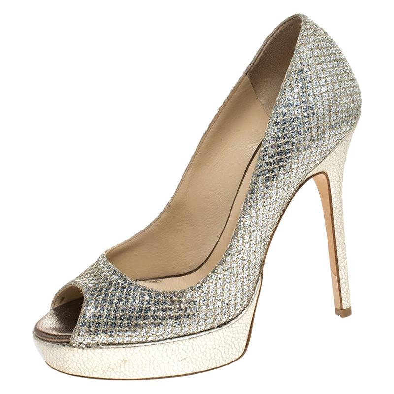 Jimmy Choo Metallic Glitter Fabric Dahlia Peep Toe Platform Pumps Size 37