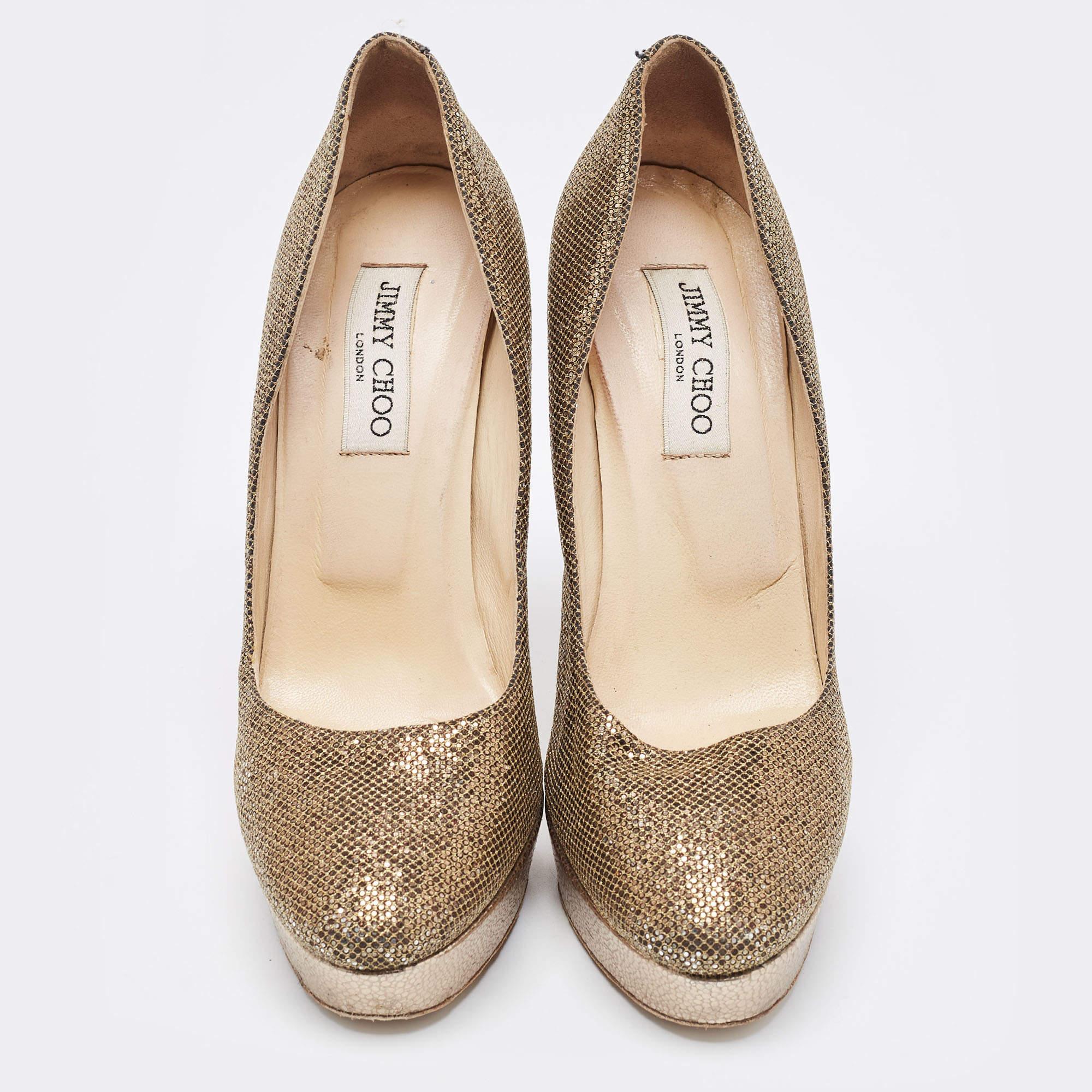Marron Jimmy Choo escarpins à plateforme en tissu pailleté métallisé, taille 39,5 en vente
