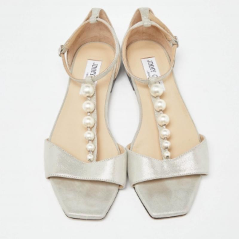 Jimmy Choo Metallic Glitter Nubuck Leder Bella flache Sandalen Größe 37,5 Damen im Angebot