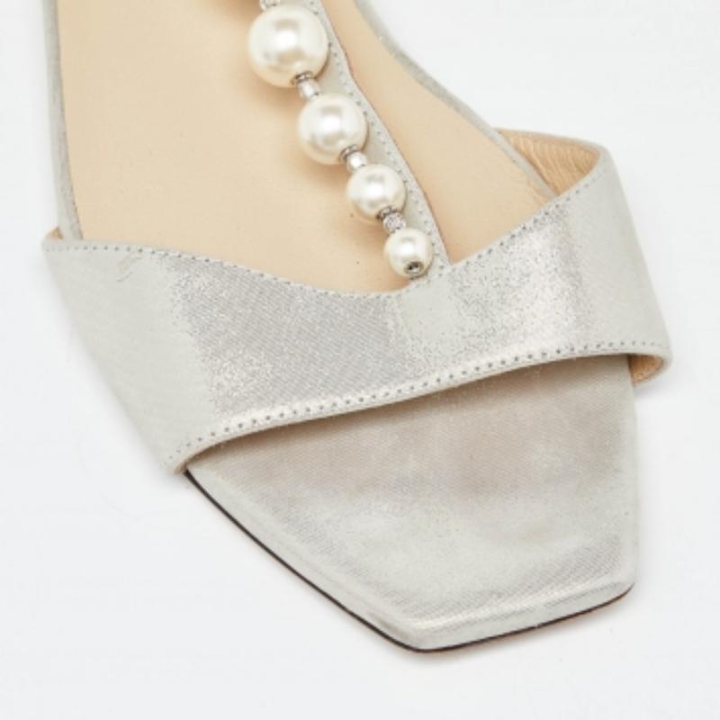 Jimmy Choo Metallic Glitter Nubuck Leder Bella flache Sandalen Größe 37,5 im Angebot 1