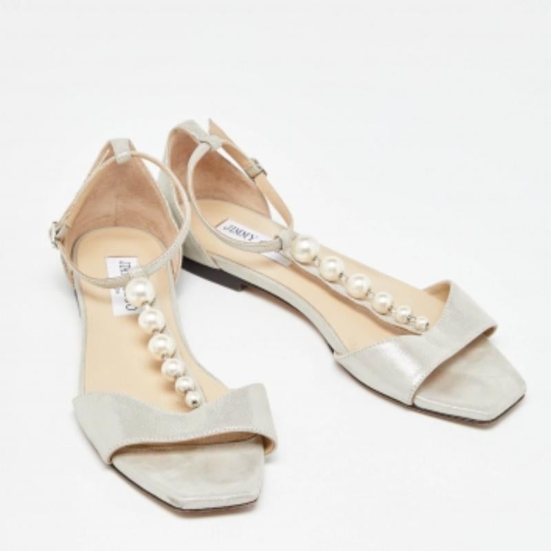 Jimmy Choo Metallic Glitter Nubuck Leder Bella flache Sandalen Größe 37,5 im Angebot 2