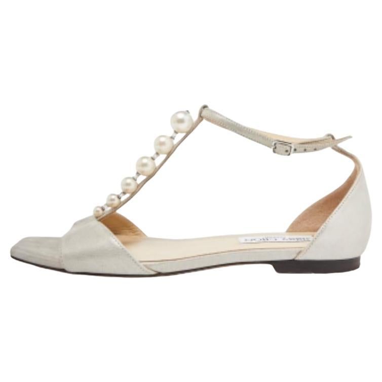 Jimmy Choo Metallic Glitter Nubuck Leder Bella flache Sandalen Größe 37,5 im Angebot