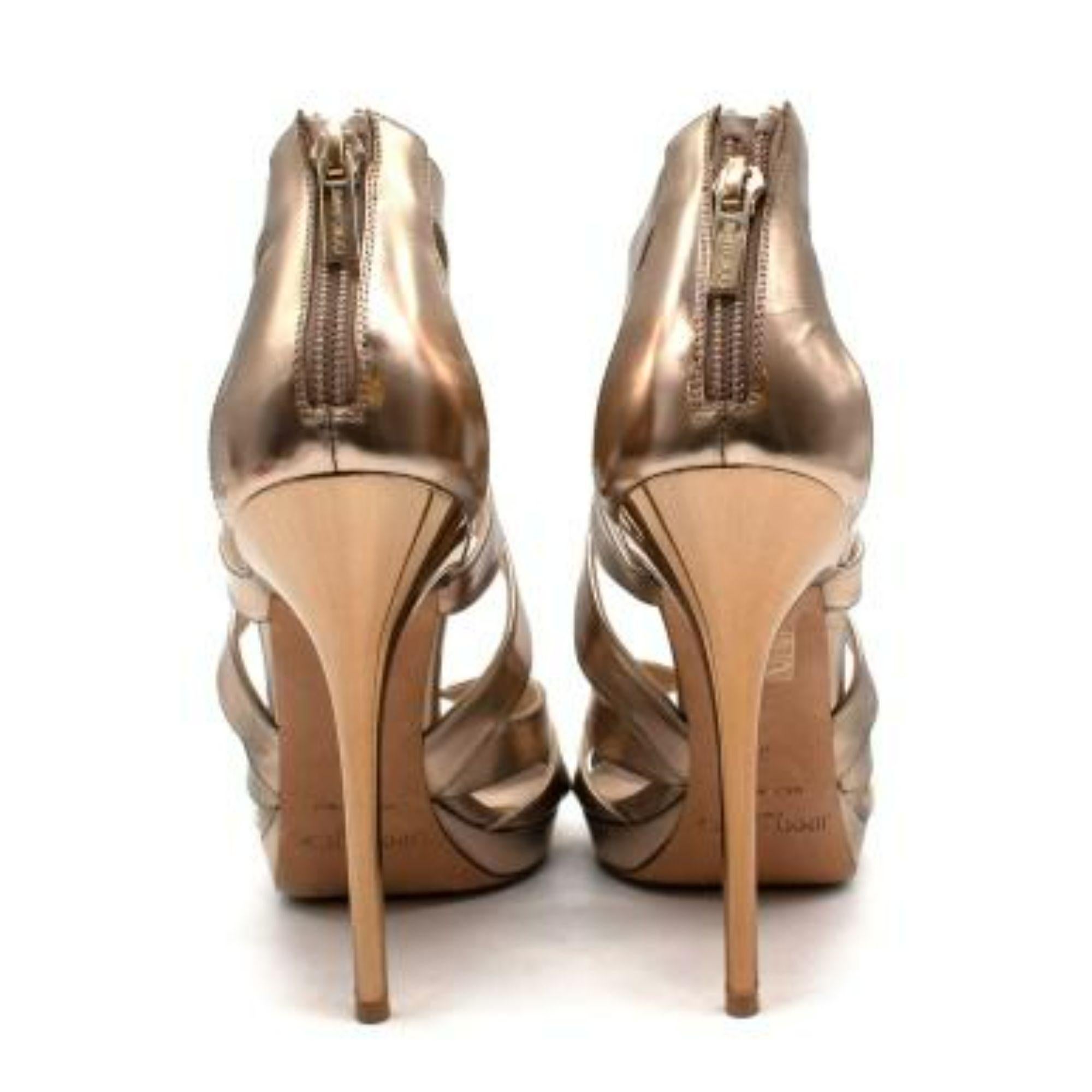 Jimmy Choo Metallic Gold Caged Heeled Sandals In Good Condition For Sale In London, GB