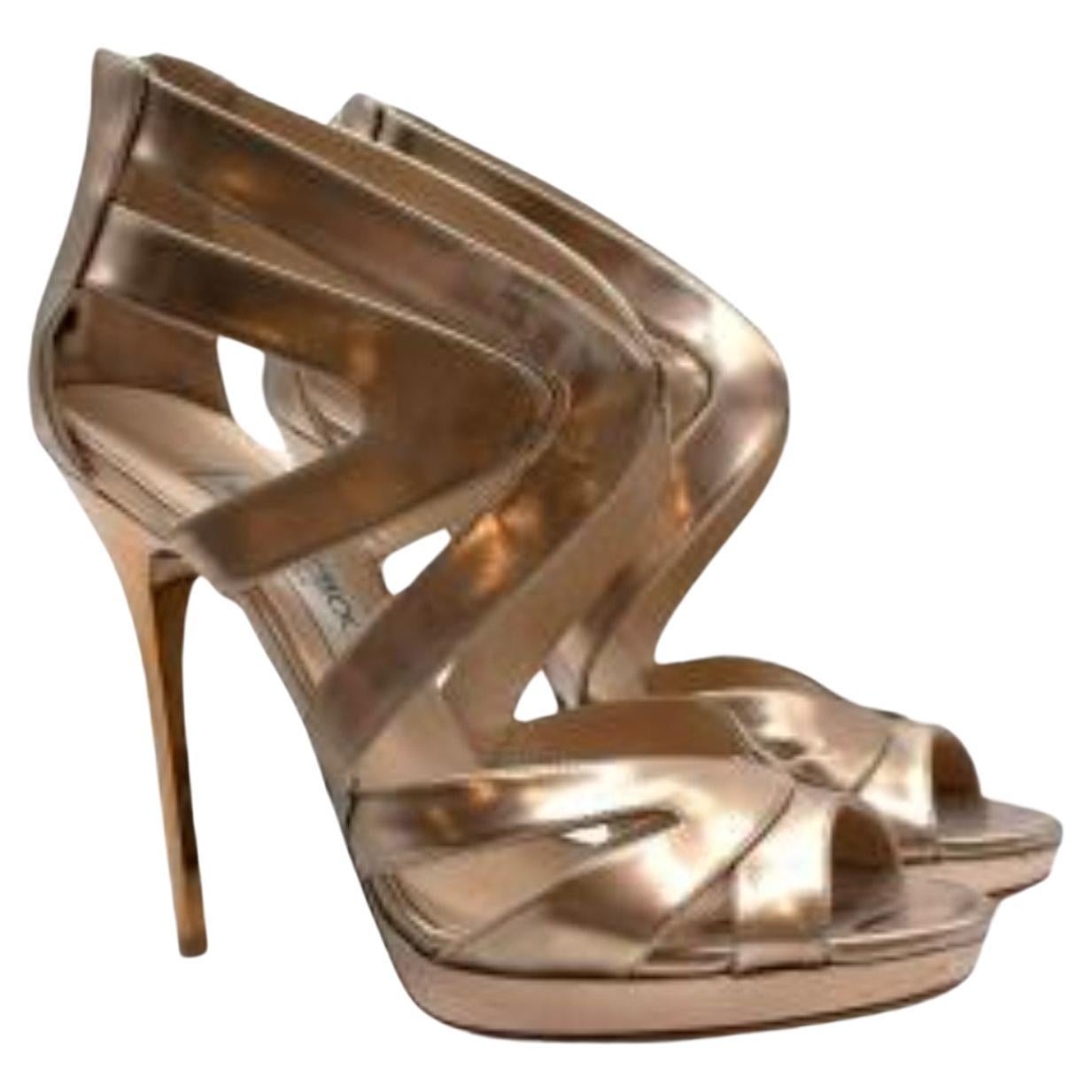 Jimmy Choo Metallic Gold Caged Heeled Sandals For Sale