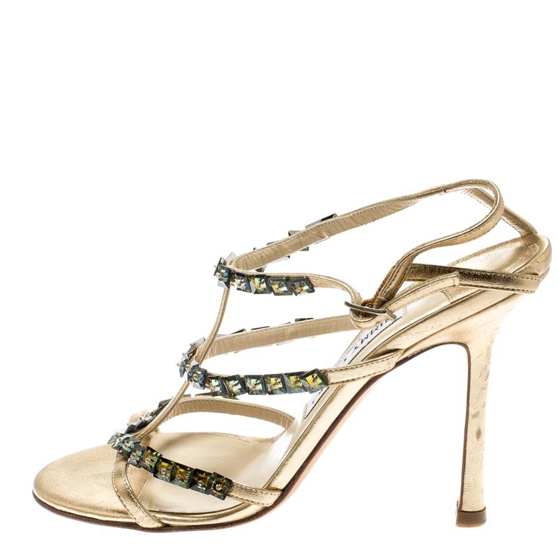 Jimmy Choo Metallic Gold Crystal Embellished T Strappy Sandals Size 36.5 1