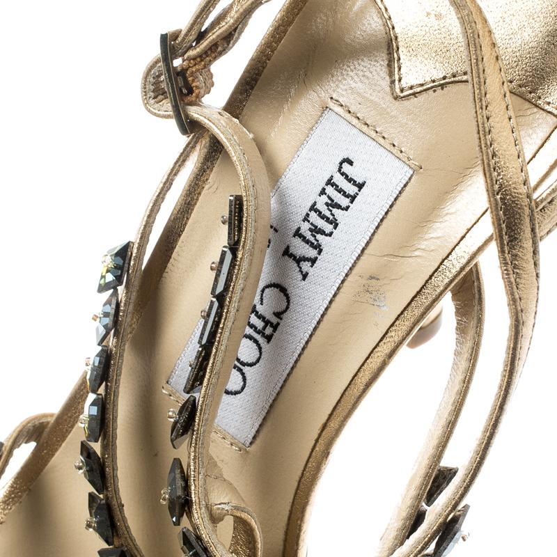 Jimmy Choo Metallic Gold Crystal Embellished T Strappy Sandals Size 36.5 3