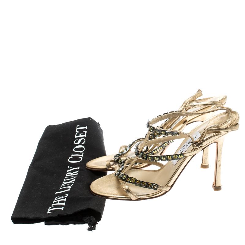 Jimmy Choo Metallic Gold Crystal Embellished T Strappy Sandals Size 36.5 4