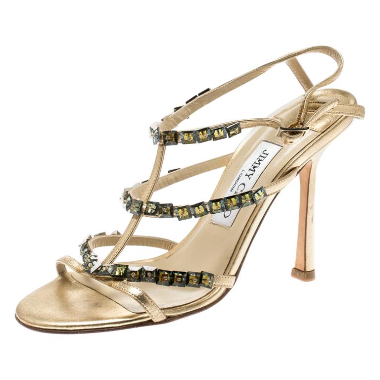 Jimmy Choo Metallic Gold Crystal Embellished T Strappy Sandals Size 36.5