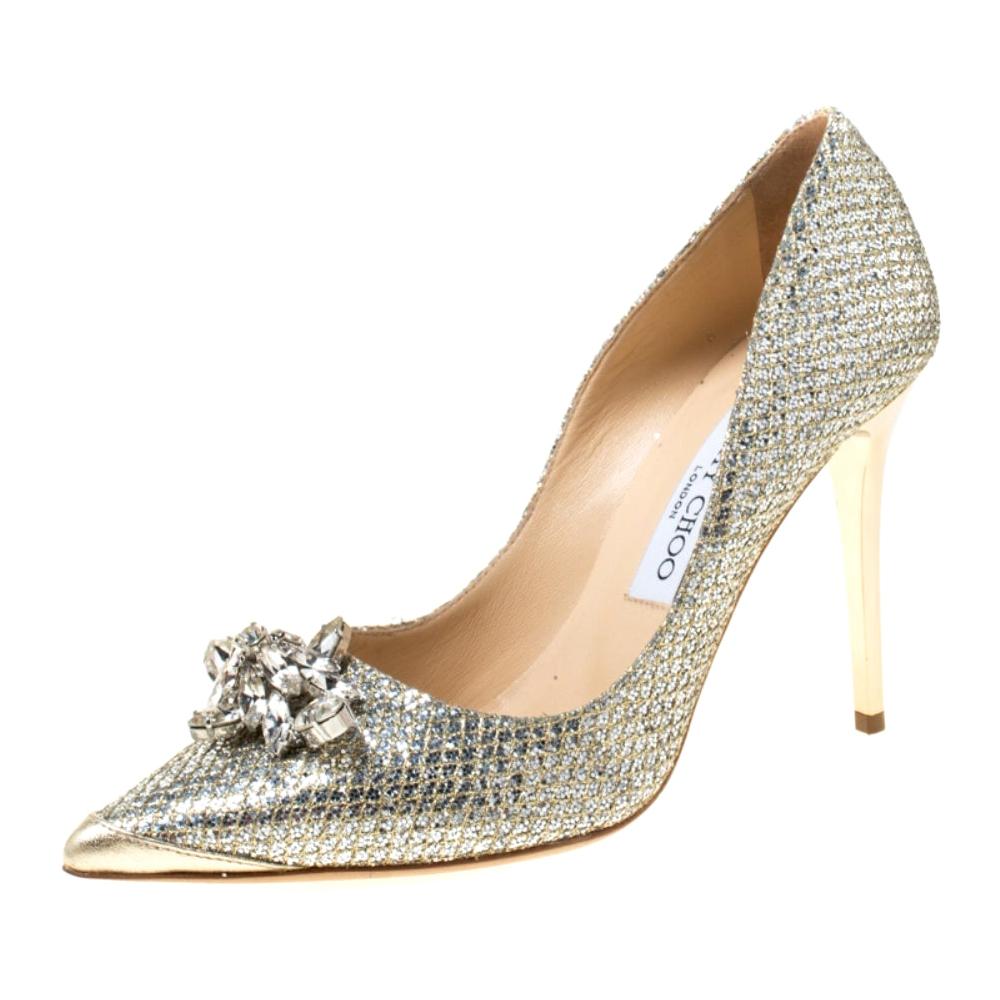 Jimmy Choo Metallic Gold Glitter And Lace Embellished Pointed Toe Pumps ...
