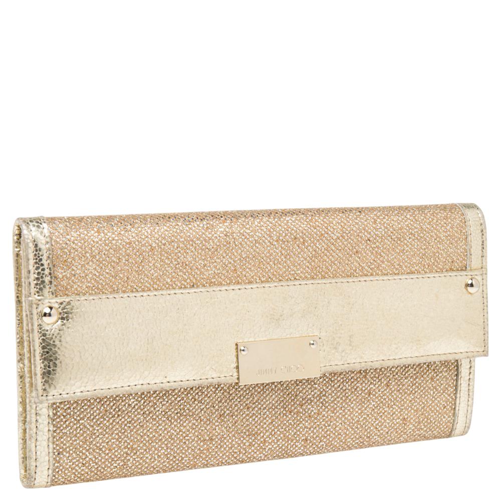Jimmy Choo Metallic Gold Glitter and Patent Leather Reese Flap Clutch In Good Condition In Dubai, Al Qouz 2