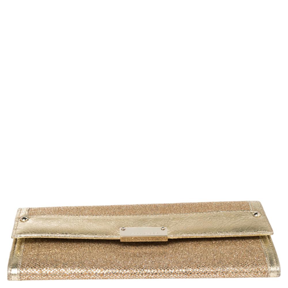 Women's Jimmy Choo Metallic Gold Glitter and Patent Leather Reese Flap Clutch