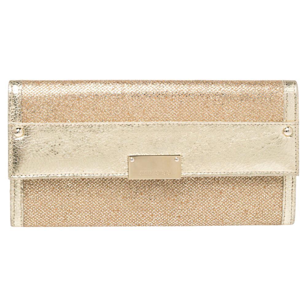 Jimmy Choo Metallic Gold Glitter and Patent Leather Reese Flap Clutch